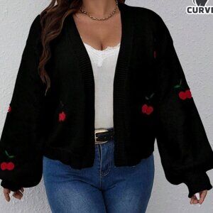 Plus Size Women's Black Cherry Embroidery Cardigan Sweater, NWOT